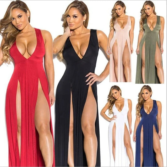 2024 Summer New Women Sexy High Split Dresses Sleeveless Deep V-Neck High Slit Long Party Bodycon Red Dresses