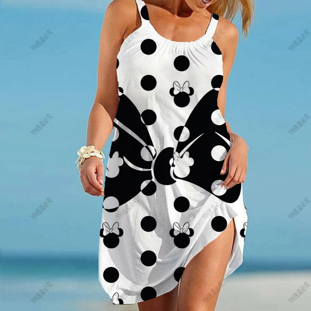 Disney Minnie Mickey Mouse Women Dresses 3D Dye Print Fashion Sleeveless Summer Halter Casual Sexy Dress Loose Kawaii Dress