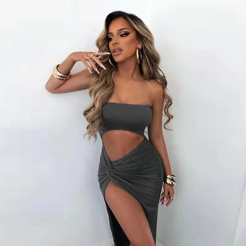 Amazon European and American Foreign Trade Women's 2024 Summer Dress Women's Fashion Solid Color Mid Waist Naked Bra Dress