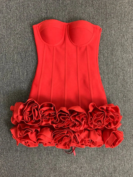 Women Red Evening Bandage Dress Hot Strapless Bodycon Flowers Hem Laced Up Mini Celebrity Birthday Party Dresses One Piece Gala