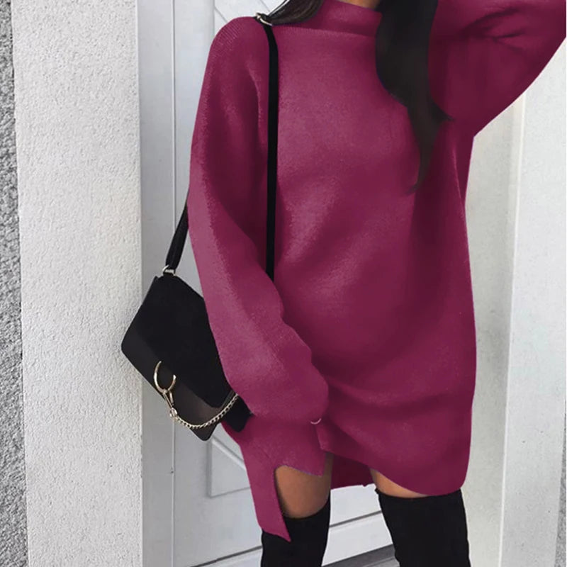 Fleece High Neck Side Slit Casual Long Sleeve Short Dress Women Dress Autumn Winter All-match Simple Basic Sportwear Sweatshirt