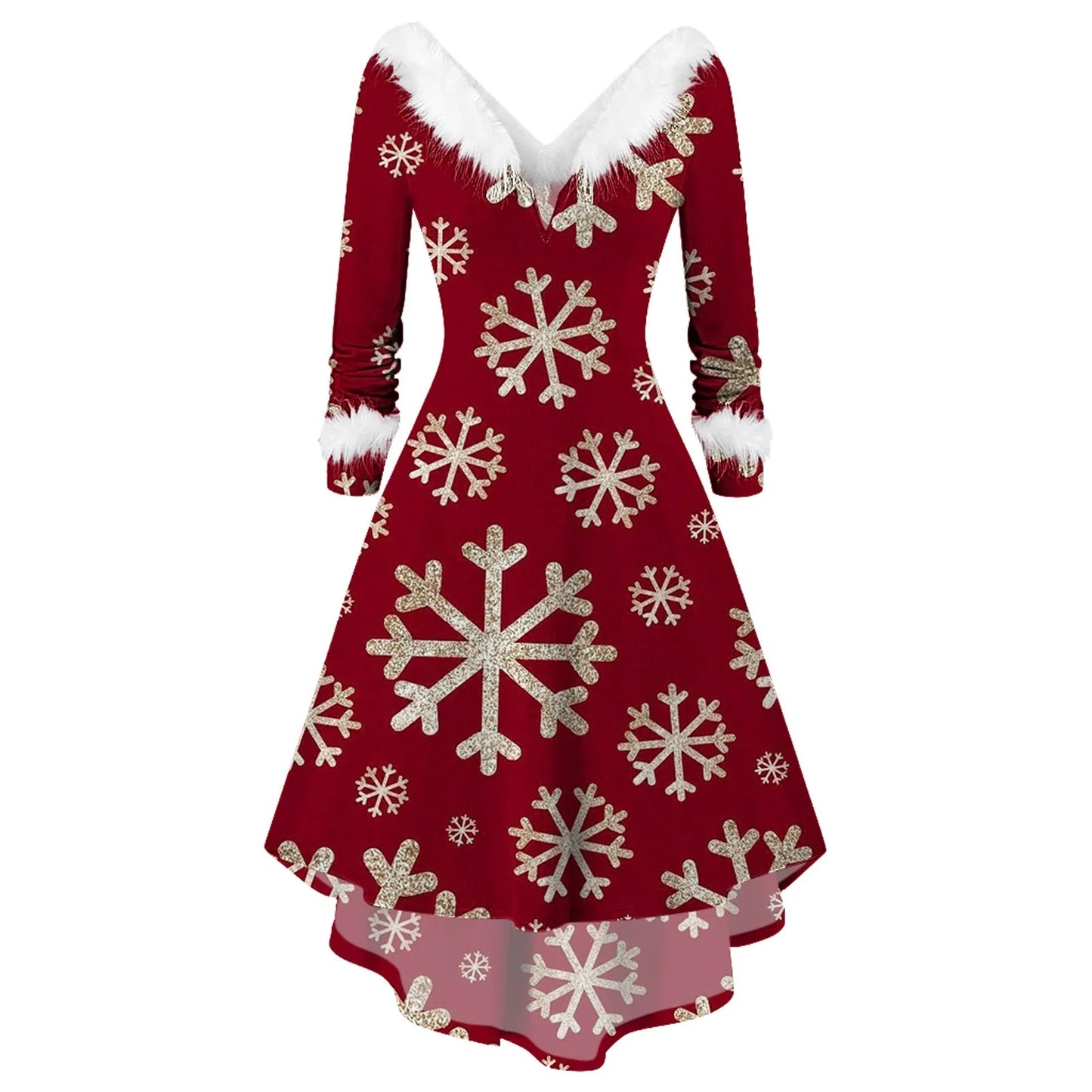 Fashion Spliced Christmas Dress Women Winter Furry Plush Party Dress Female Long Sleeve Irregular A -line Dress Vestidos Navidad