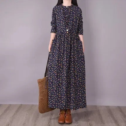 2021 New Vintage Buttoned Small Flower Casual Slimming Medium-Length Long Sleeve Big Swoop Dress For Women