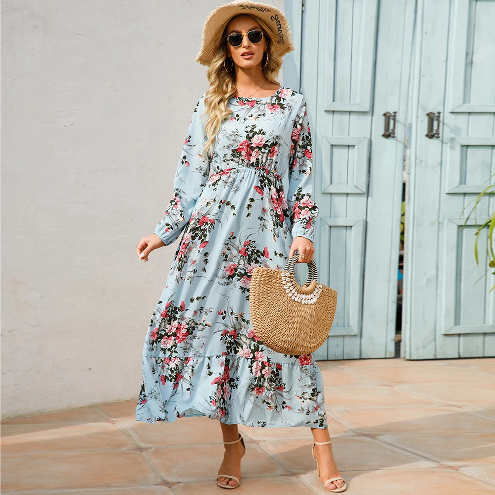 2023 Sping Summer Bohemian Women Maxi Dress Casual Long Sleeve High Waist Beach Woman Chiffon Dresses Floral Vestidoes Mujer New