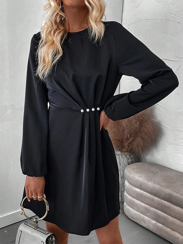 2024 Newest Women's Clothing Elegant Solid Color Long Sleeve High Neck High Waist Dress Waist Ruffle Design