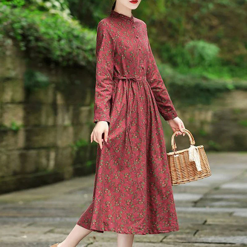 Women's Vintage Floral Print Lace Up Elegant Party Dresses Autumn Fashion High Waist Slim Cotton Midi Dress Long Sleeve Vestidos