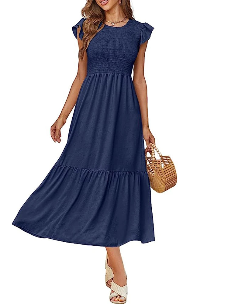 Women's Casual Summer Maxi Dresses with Pockets Short Ruffle Sleeve Smocked Tiered Long Dress Beach Sundress Basic Solid 2024