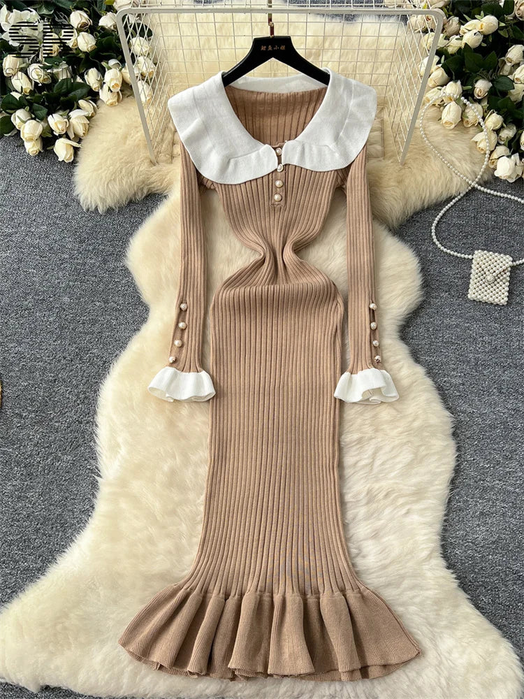 SINGREINY Autumn Vintage Knit Dress Women Pearl Button Design Peter Pan Collar Flare Sleeve Winter Newest Slim Casual Dresses