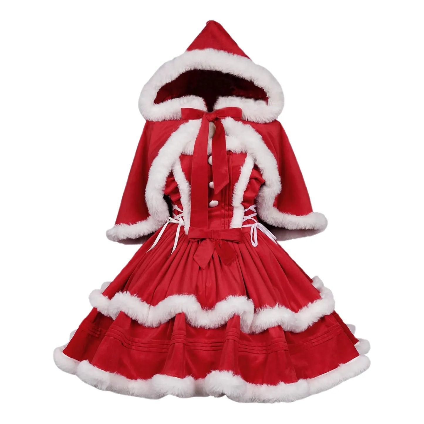 Christmas Red Riding Hood Shawl Costume 2 Piece Dress Sexy Rabbit Patchwor Dresses Girl Santa Cosplay Outfit Strap Dress Women