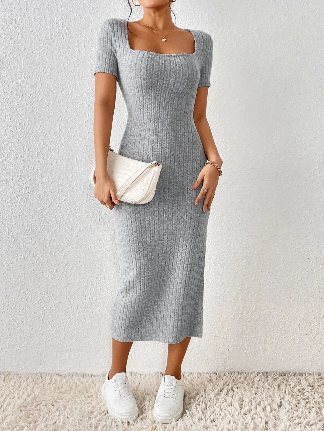 Women Spring Summer Style Knitted Dress Lady Casual Short Sleeve Square Collar Side Slit Dress Vestidos