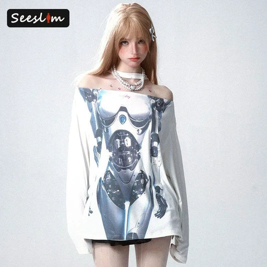 Seeslim Off Shoulder Graphic T Shirts Woman Clothing Long Sleeve Print 2000s Clothes Y2k Autumn Tops American Retro Tees Female