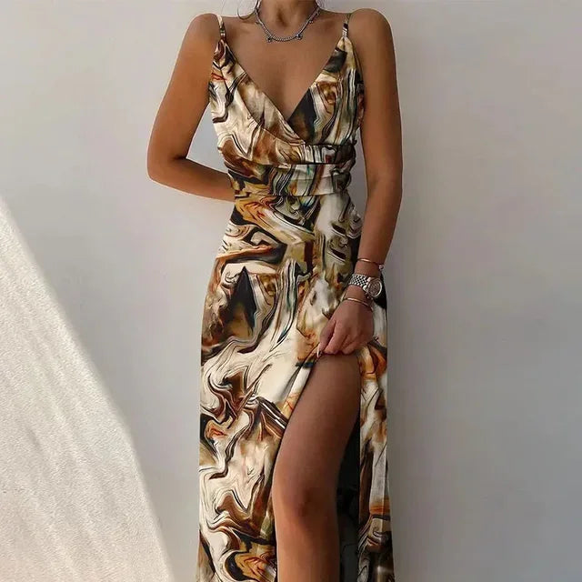 Summer 2024 Women Print Camisole V Neck Sleeveless Dress A Line Spaghetti Strap Sexy Split Evening Skirt Prom Long Dresses