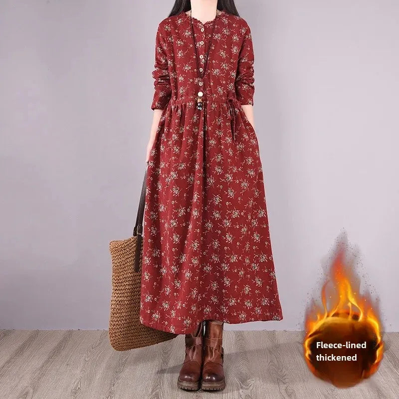 Chinese Style Cotton Linen Vintage Loose-Fit Fleece-Lined Thickened Long Sleeve Dress 2023 Winter New Women's Long Dress