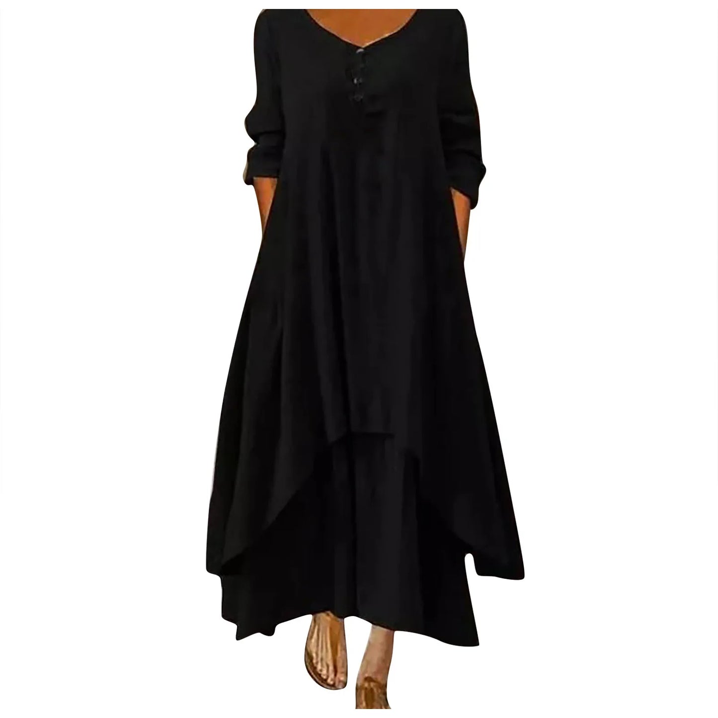 Cotton Women'S Casual Fashion Loose Long Dress With Button Solid Color Dresses