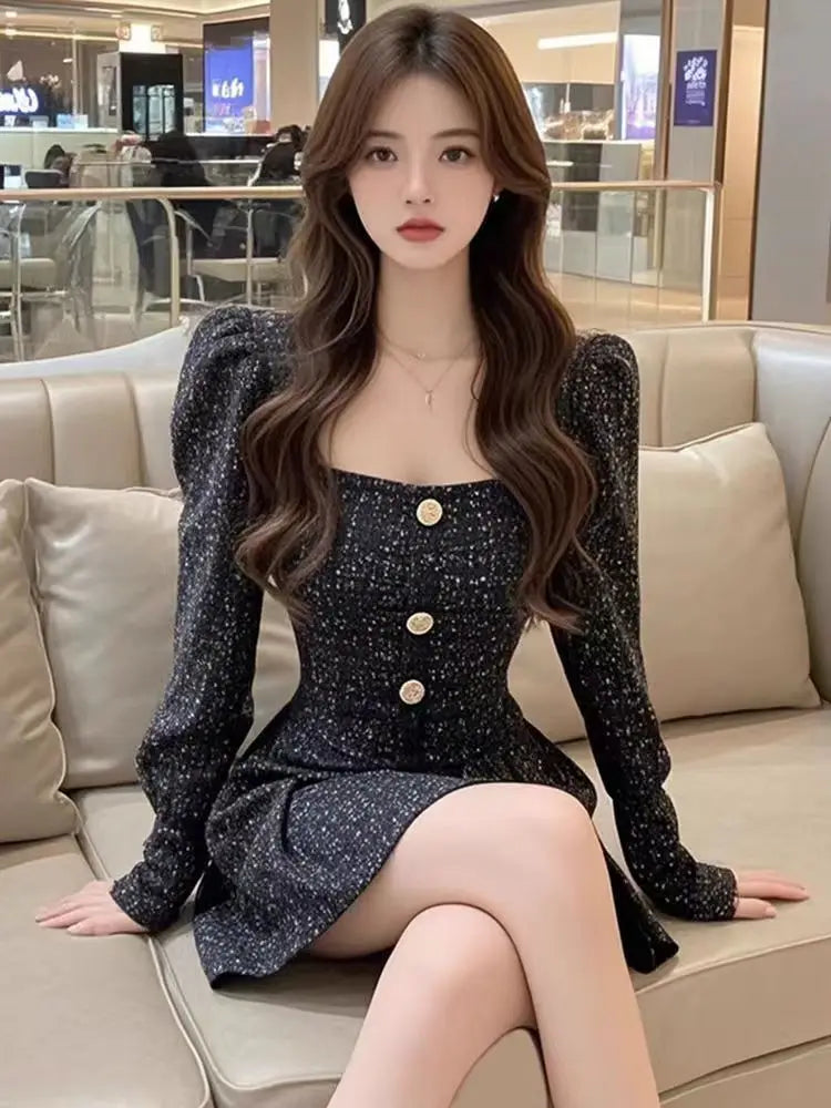 Black Square Neck Dress Women's New Style Light Luxury Waist Cinching Slimming A-line Short Skirt