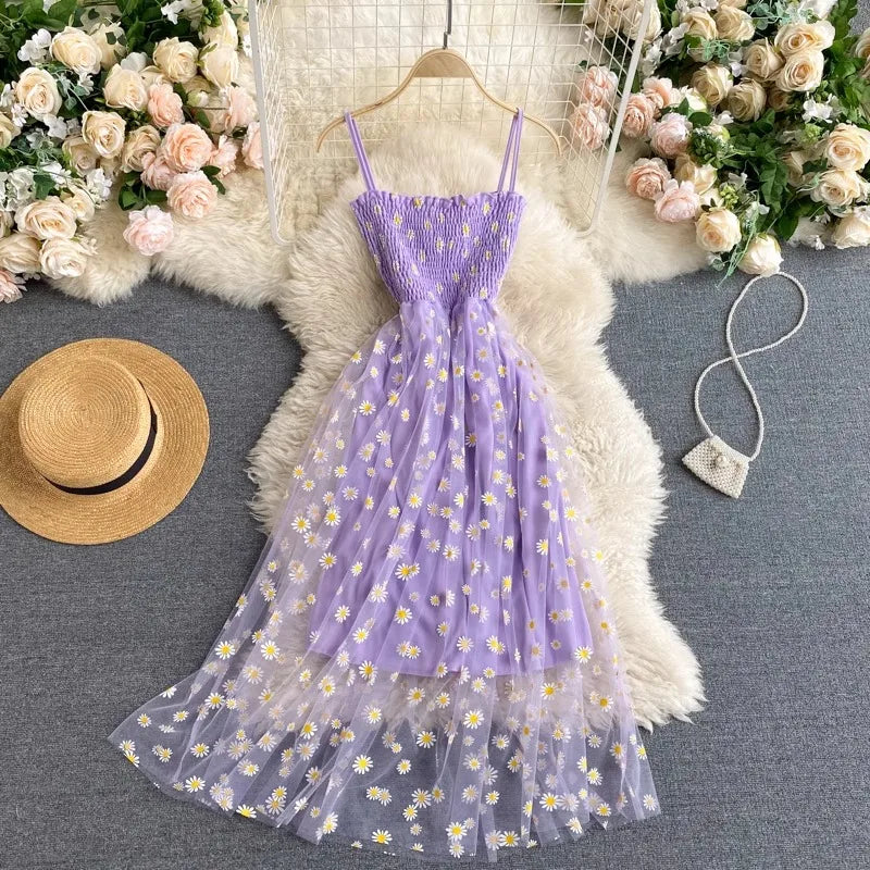 YuooMuoo Women Dress 2024 New Korean Fashion Floral Print Spaghetti Straps Mesh Party Dress Vacation Style Lady Beach Vestidos