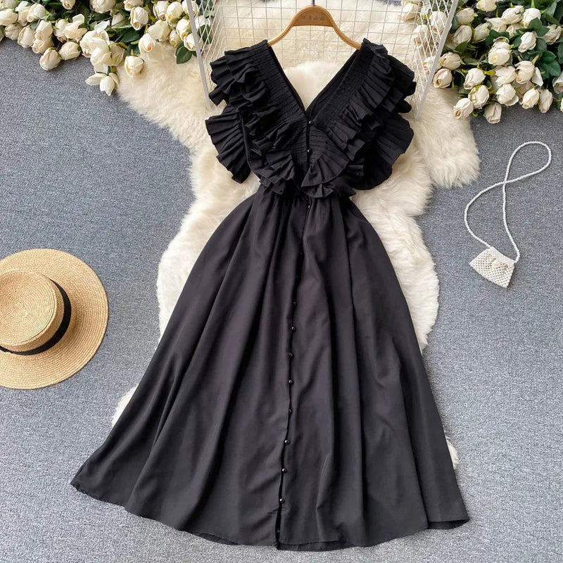 XFPV Women Vintage Pleat Ruffles Mid Length High Waist Dresses V-Neck Sleeveless Temperament Vestidos Spring Summer 2024 SM10095