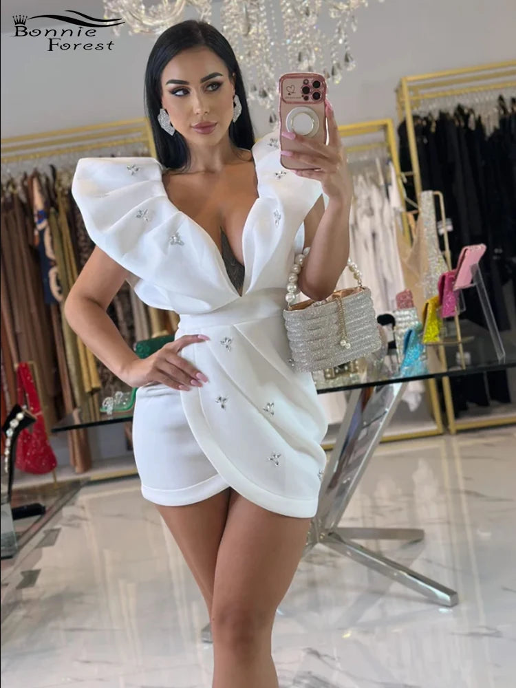 Bonnie Forest Elegant White Crystal Blossom Ruffle Rhinestone Mini Dress Women's Deep V Neck Puff Sleeve Short Party Dress Robe