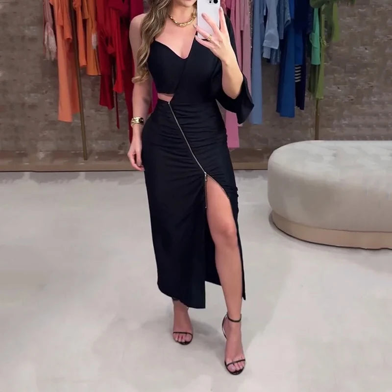 Ellafads Women Long Dress V Neck Suspender Irregular Backless Hollow Out Nipped Waist Slim Slit Zipper Sexy Dresses Streetwear