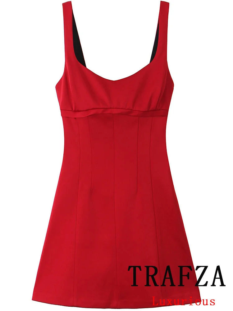 TRAFZA Vintage Chic Red Women Dress Solid A-Line Sleeveless Mini Dress New Fashion 2024 Autumn Winter Female Sexy Party Dress