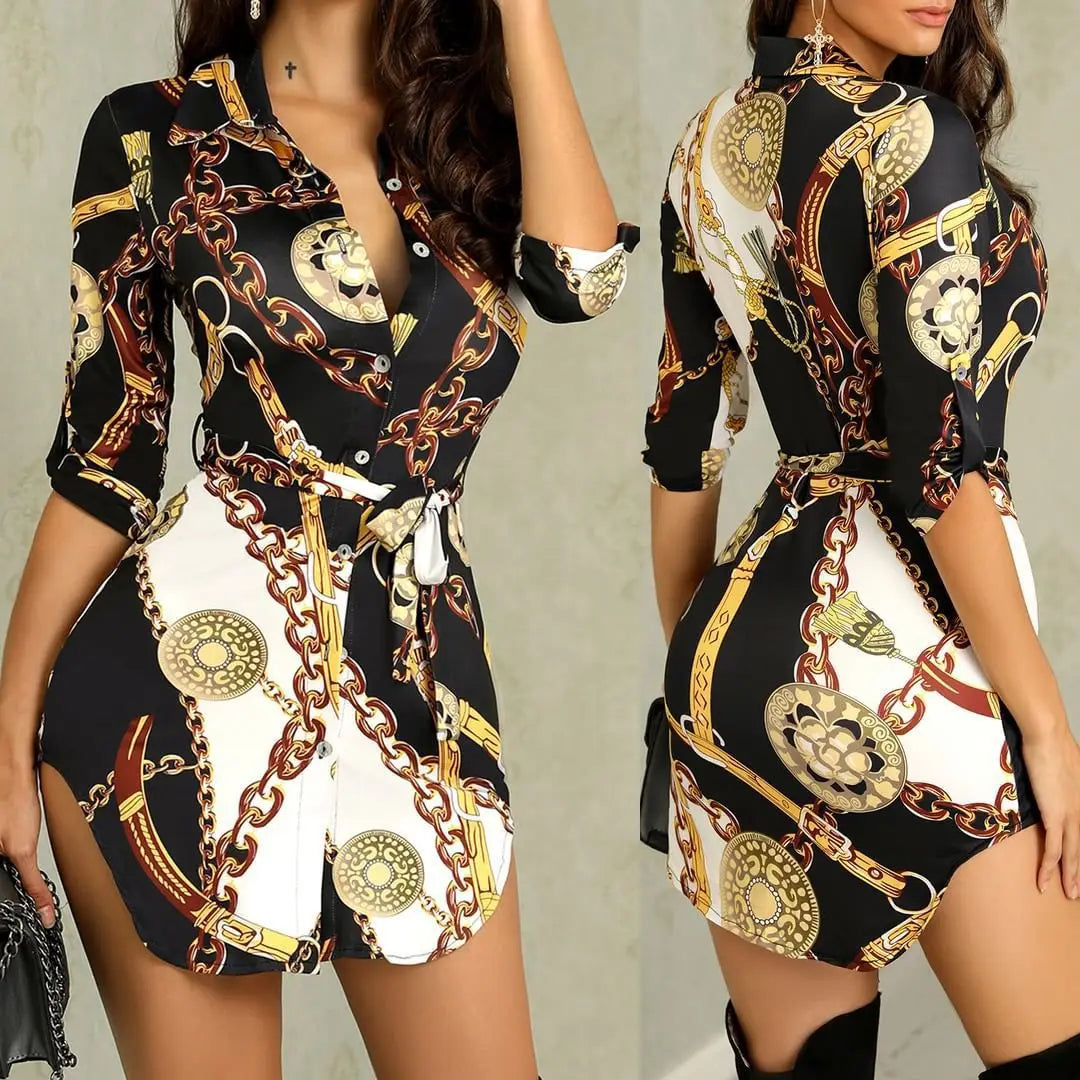 2024 Autumn New Women's Dress Fashionable Sexy Gold Chain Slim Fit Printed Single Breasted Lace Up Waist Cinching Short Skirt