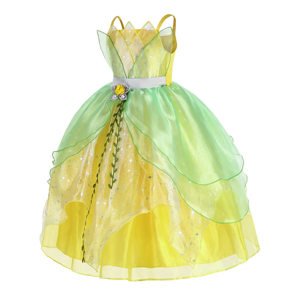 Classic Girls Fairy Tale Tiana Cosplay Costume Elegant Princess Green Party Dress Christmas Ball Gown Princess and Frog Vestidos