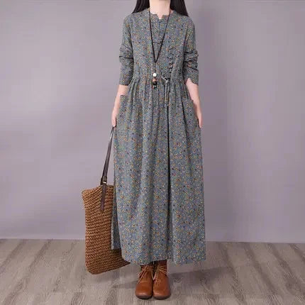 2021 New Vintage Buttoned Small Flower Casual Slimming Medium-Length Long Sleeve Big Swoop Dress For Women