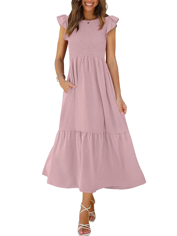 Women's Casual Summer Maxi Dresses with Pockets Short Ruffle Sleeve Smocked Tiered Long Dress Beach Sundress Basic Solid 2024