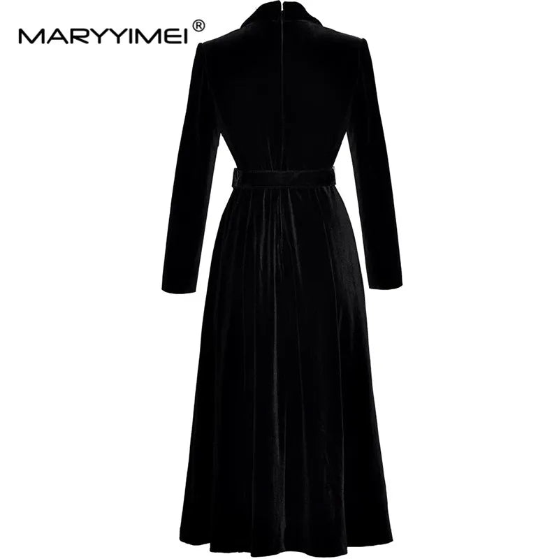 MARYYIMEI Women's New Style Vintage Designer Dress Notched Long-Sleeved Striped Design Lace-UP Slim Fashion Midi Dresses