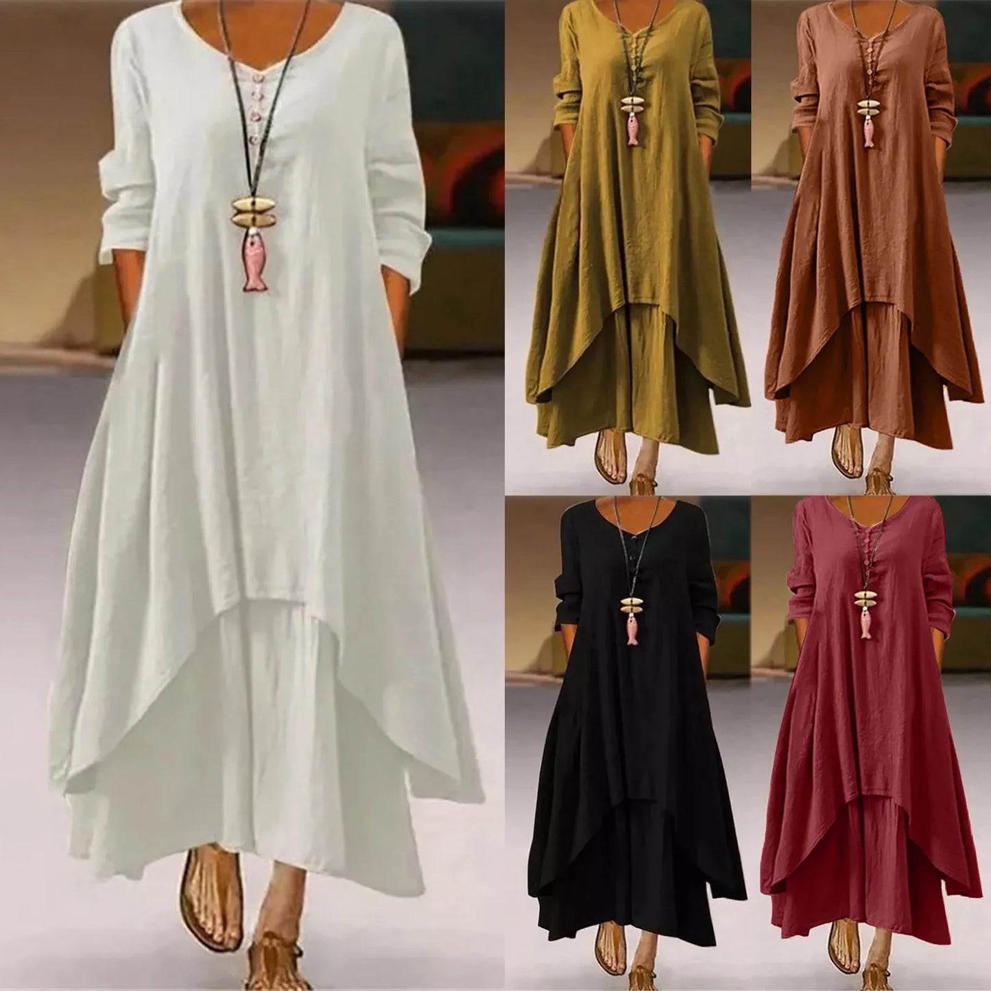 Cotton Women'S Casual Fashion Loose Long Dress With Button Solid Color Dresses