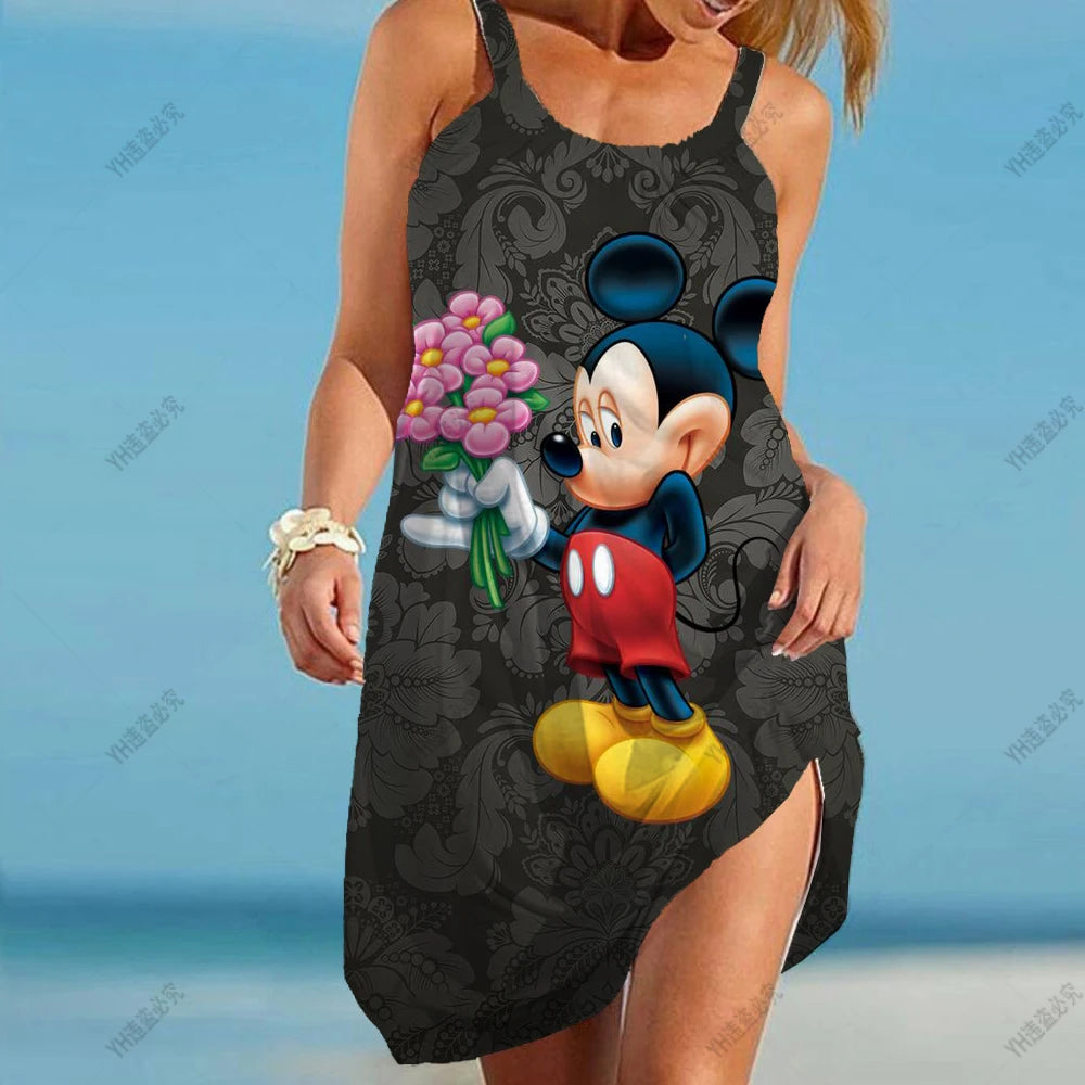 Disney Minnie Mickey Mouse Women Dresses 3D Dye Print Fashion Sleeveless Summer Halter Casual Sexy Dress Loose Kawaii Dress