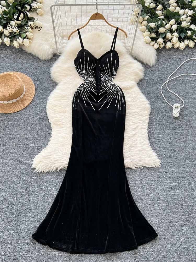 SINGRAIN Senior Evening Party Dress Spaghetti Strap Strapless Diamonds Design Women Elegant Fashion Bodycon Velvet Long Dress