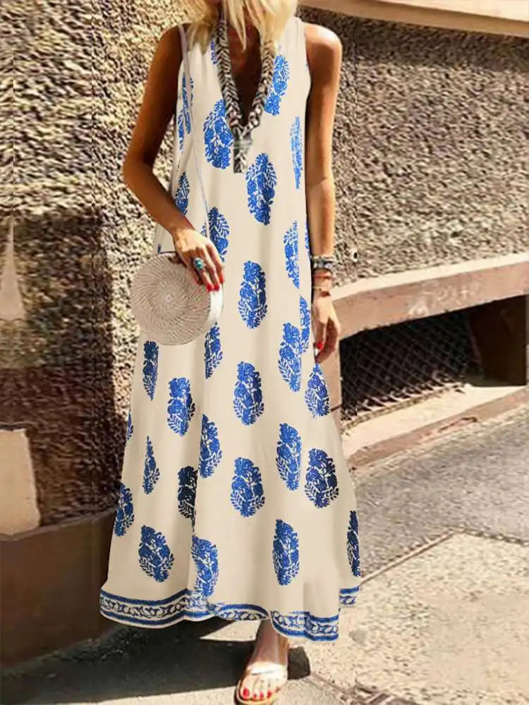 Summer Maxi Dress Women's Sundress 2024 ZANZEA Fashion Sexy V Neck Sleeveless Vestidos Female Casual Print Long Robe Femme