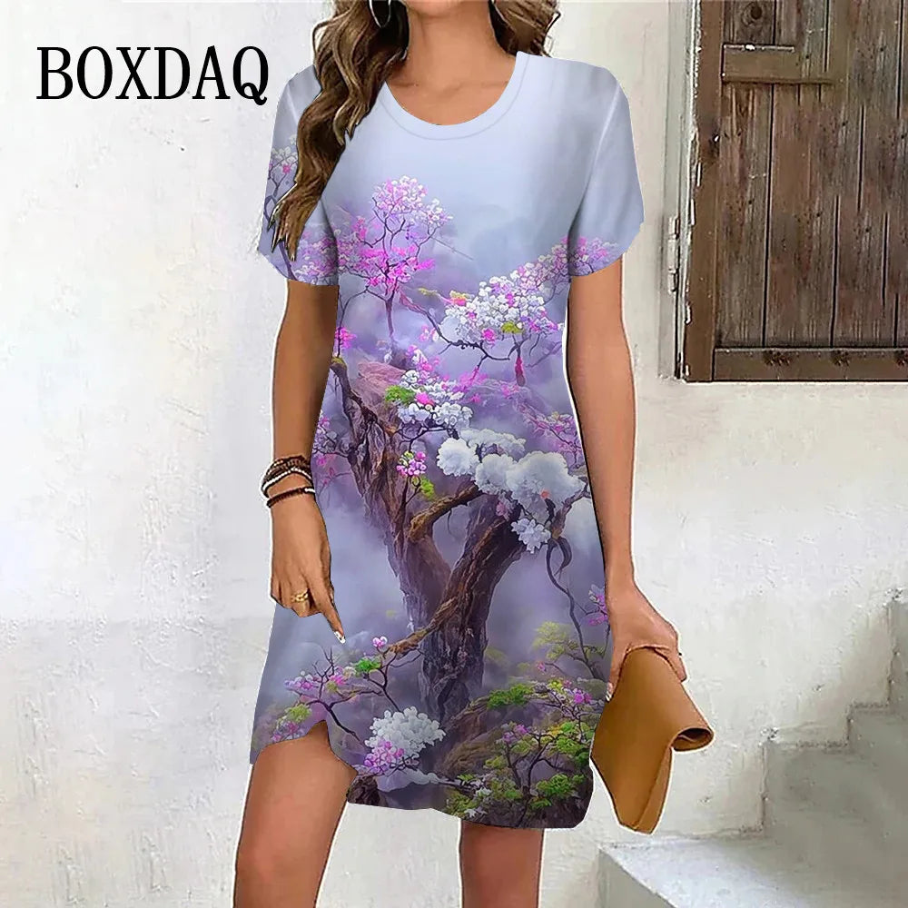 New 2024 Summer Dresses Women Tie Dye Scenery Flower Print Dress Female Clothing Casual Retro Short Sleeve Loose Plus Size Dress