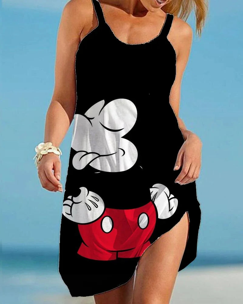 Disney Minnie Mickey Mouse Women Dresses 3D Dye Print Fashion Sleeveless Summer Halter Casual Sexy Dress Loose Kawaii Dress