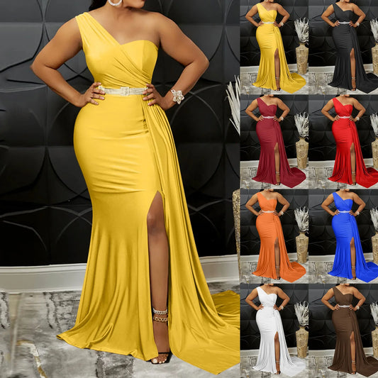 Yellow Women Sexy Bodycon Dresses Elegant One Shoulder Formal Party Event Evening Dress Female Side Slit African Gowns Vestidos