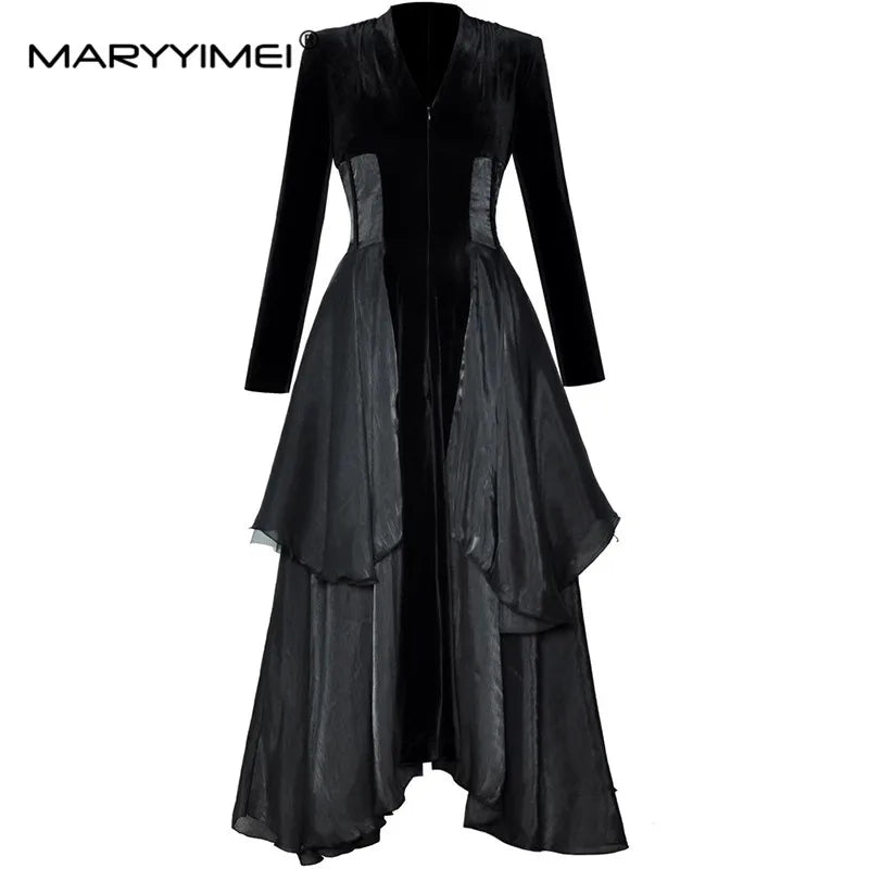 MARYYIMEI Fashion design Women's Dress V-neck Long-Sleeved Flounced Edge High waist dress for formal occasion With scarf