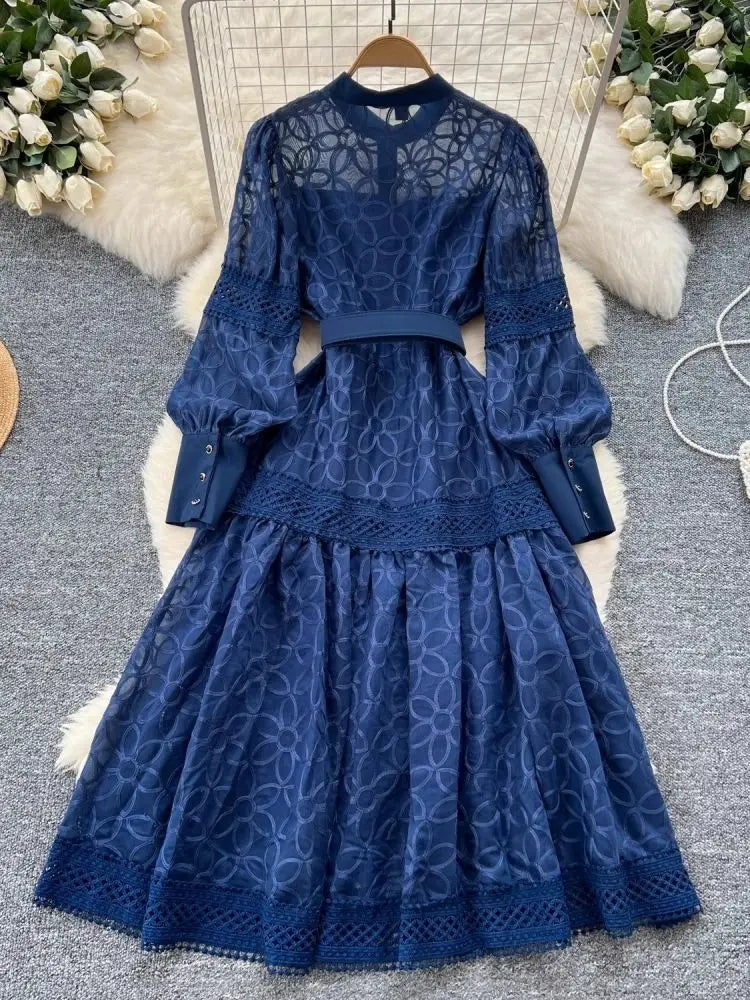 2025 Spring Autumn French Flower Embroidery Dresses Women's Long Lantern Sleeve Single Breasted Belt Evening Party Vestidos