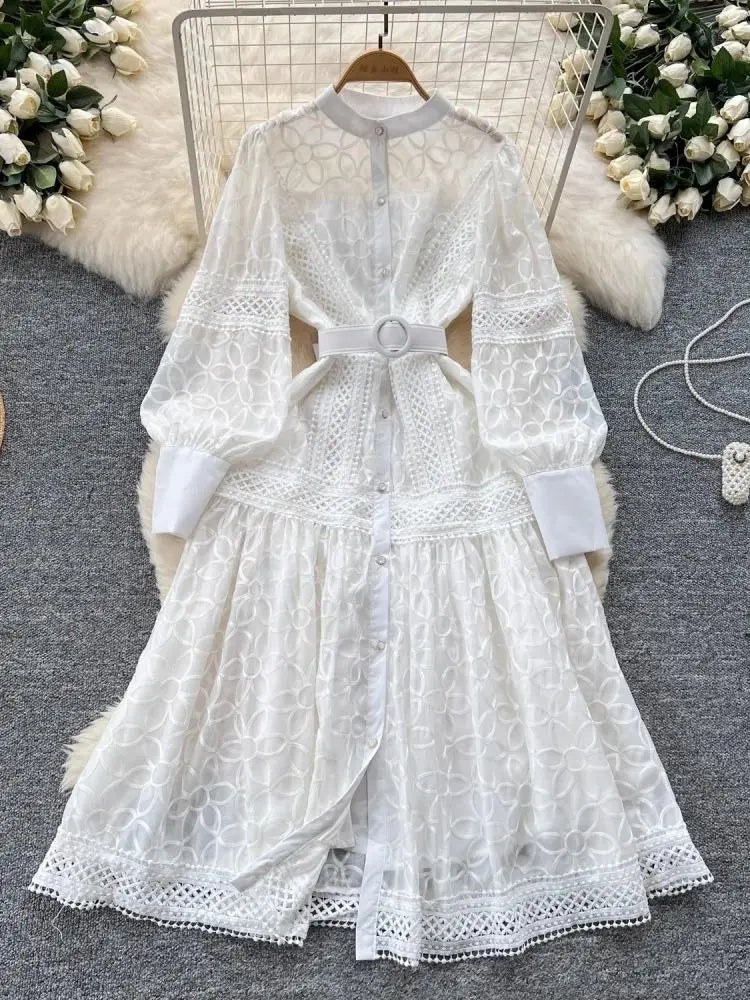 2025 Spring Autumn French Flower Embroidery Dresses Women's Long Lantern Sleeve Single Breasted Belt Evening Party Vestidos