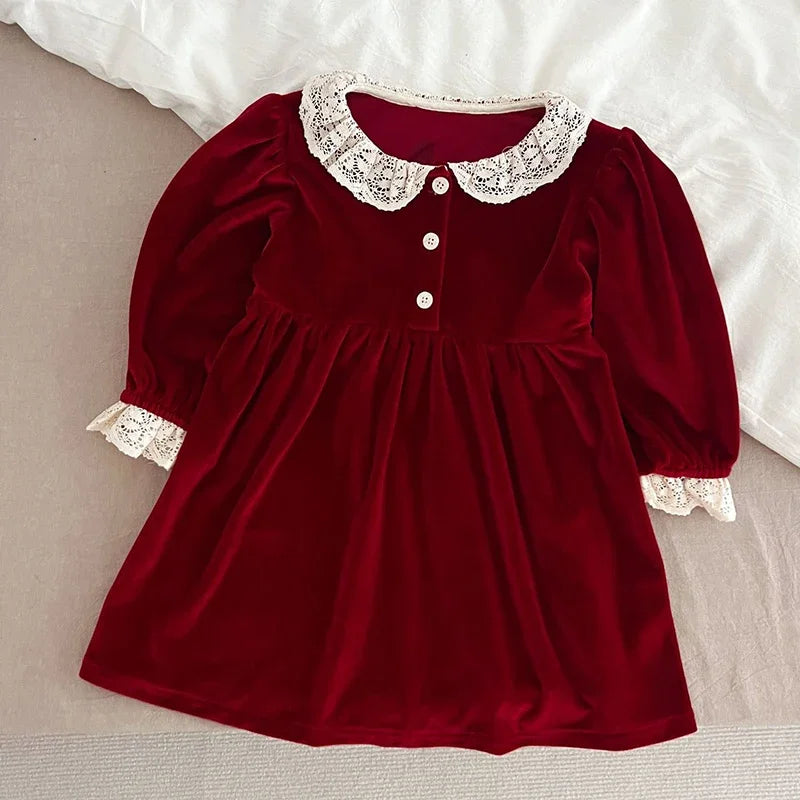 New Christmas Party Dress Kids Baby Girls Lace Collar Red New Year's Princess Dress Kids Baby Girls Dress Children Clothes Dress