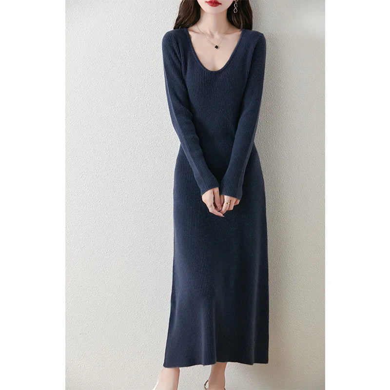 VU Collar Slim Fit 100% Merino Wool Women's AutumnWinter New Style Long Sleeved Warm Solid Color Pullover Fashionable Knit Dress