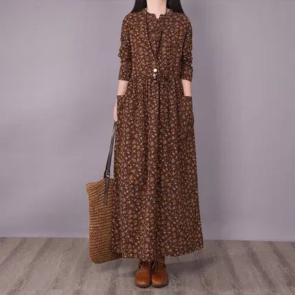 2021 New Vintage Buttoned Small Flower Casual Slimming Medium-Length Long Sleeve Big Swoop Dress For Women