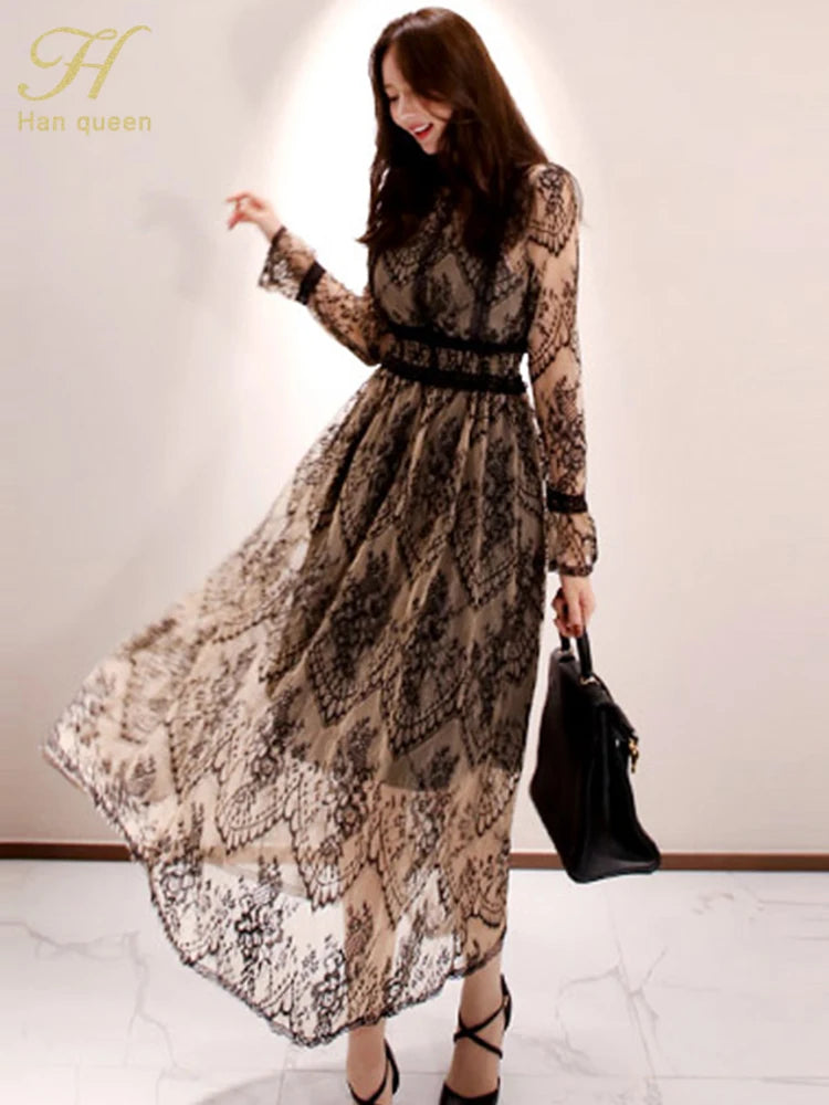 H Han Queen Hot sale Autumn Elegant Sexy Women Vintage Lace Dress Long Sleeve O-Neck Robe Femme High Waist Casual Party Dresses