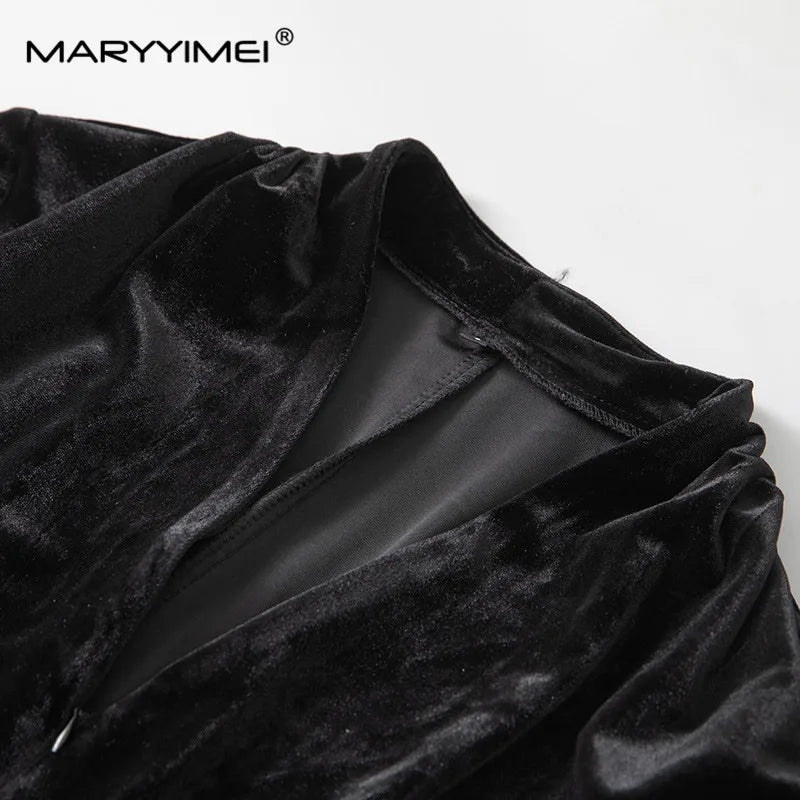 MARYYIMEI Autumn and winter Women's Dress V-Neck Long-Sleeved High waist Flounced Edge design New Style Dresses With shawl