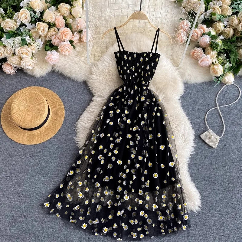 YuooMuoo Women Dress 2024 New Korean Fashion Floral Print Spaghetti Straps Mesh Party Dress Vacation Style Lady Beach Vestidos