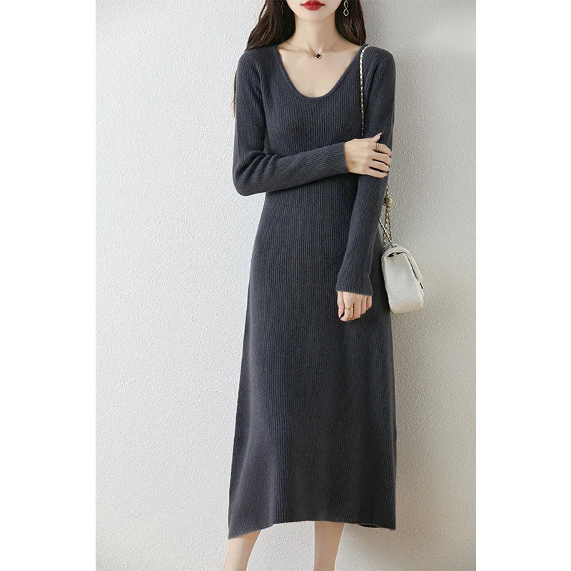 VU Collar Slim Fit 100% Merino Wool Women's AutumnWinter New Style Long Sleeved Warm Solid Color Pullover Fashionable Knit Dress