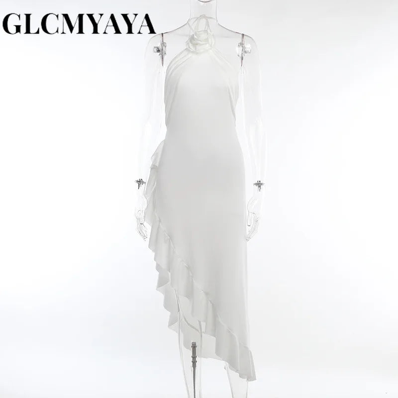 GLCMYAYA Women Streetwear Solid High Side Slit Sexy Slim Dress 2023 INS Spliced Three-dimensional Decoration Floral Dresses