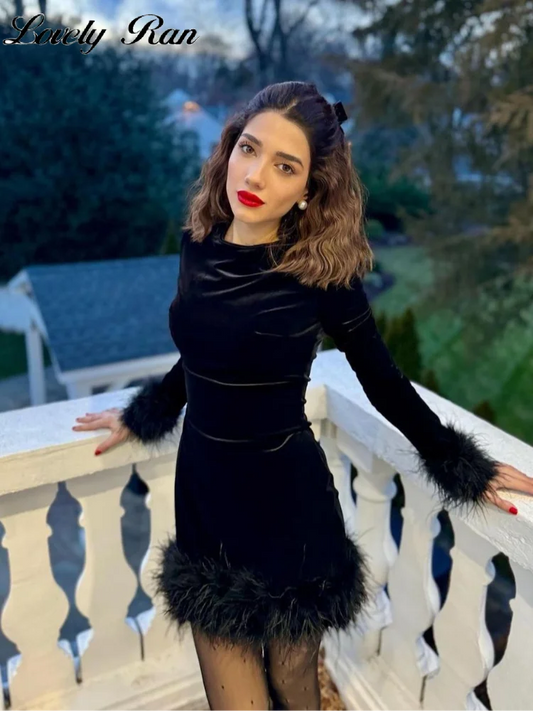 Elegant Velvet Feather Short Dress Women Black Slim O-neck Long Sleeve Hip Package Dresses Female 2025 Spring Lady Ball Gown