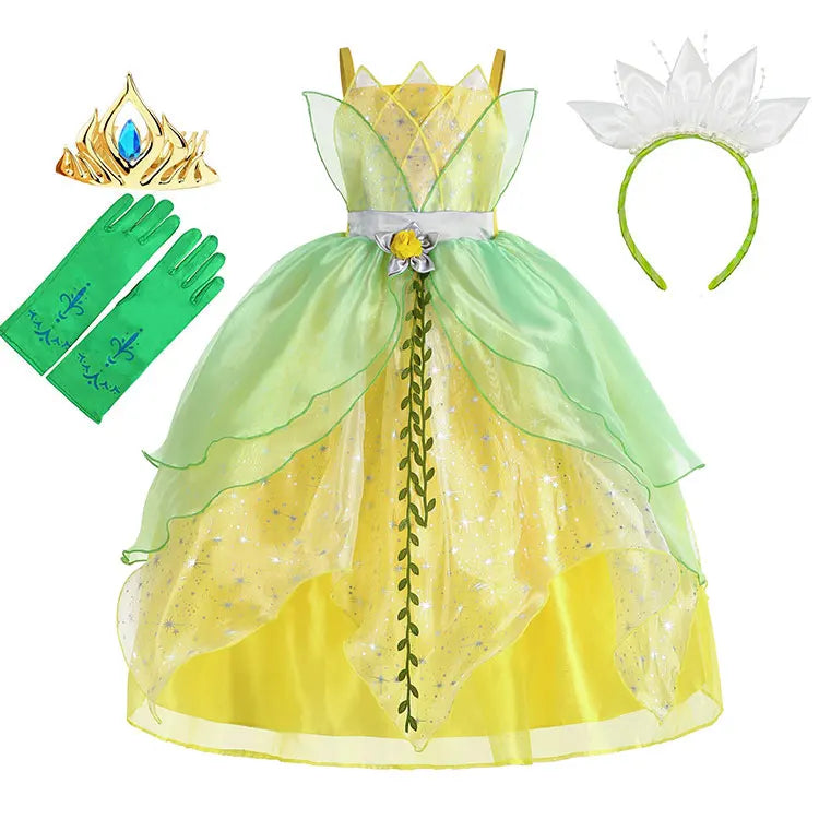 Classic Girls Fairy Tale Tiana Cosplay Costume Elegant Princess Green Party Dress Christmas Ball Gown Princess and Frog Vestidos