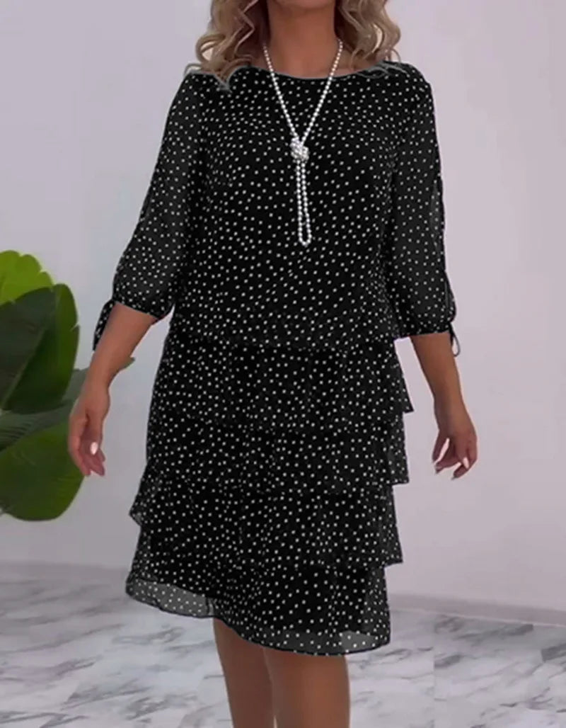 Autumn Fashion Polka Dot Printed Chiffon Dress Women Round Neck Long Sleeved Cake Skirt Elegant Loose Dress Women